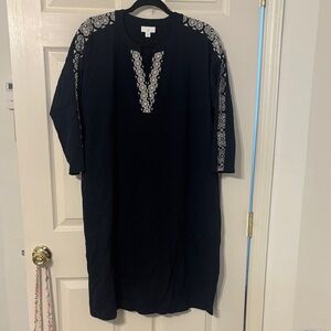 J. Jill Elegant Navy Dress with White Embroidery.